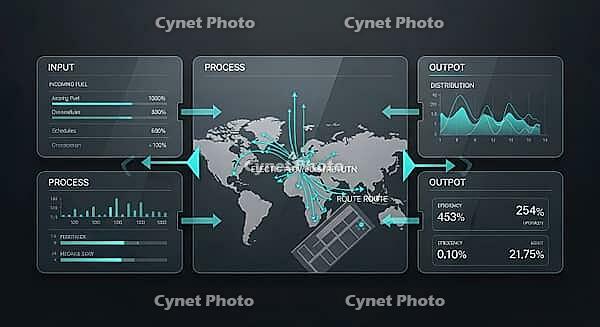 Infographic illustrating global logistics with electric return and route optimization over a world map, AI generated [IBR124494057]