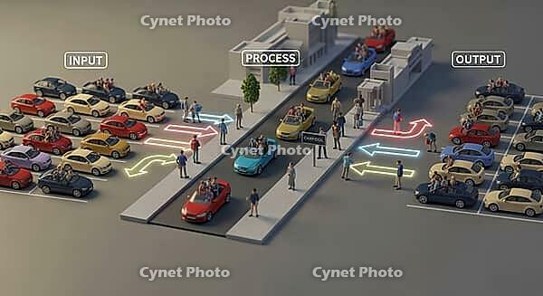 Miniature cars in a process with steps indicated by arrows and labels, AI generated [IBR124494058]