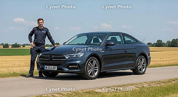 Man standing beside a Volkswagen car on a countryside road under a clear blue sky, AI generated [IBR124494059]