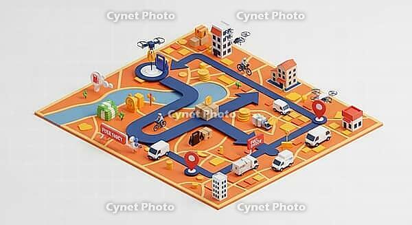 Isometric map depicting delivery routes with drones and vehicles in a vibrant, orange style, AI generated [IBR124494060]