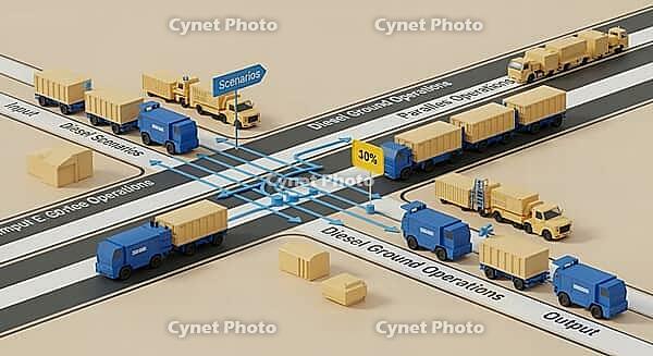 Logistics operations scenario illustration with trucks and industrial elements on a beige background, AI generated [IBR124494061]