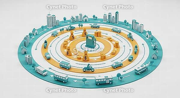 Circular economic model illustrating transportation and monetary flow in a community-centered 3D design, AI generated [IBR124494066]