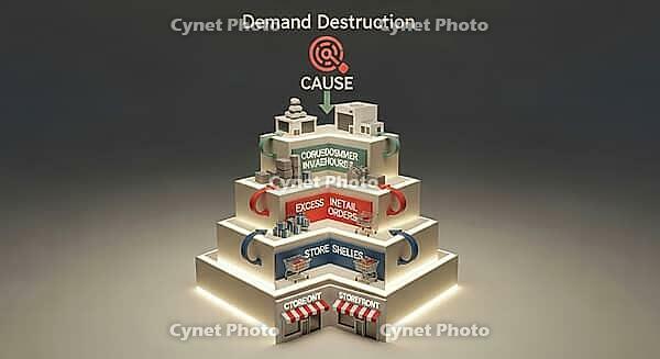 Pyramid diagram illustrating demand destruction across consumer infrastructure, AI generated [IBR124494067]