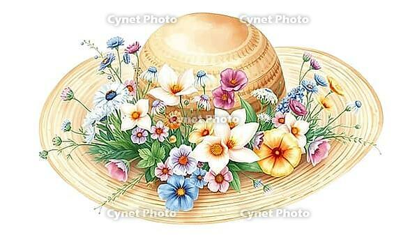 Straw hat with flower wreath, picturesque and rural, delicate colorful blossoms, nostalgic watercolor painting with pastel flowers on a white background, in rustic style, AI generated [IBR124494068]