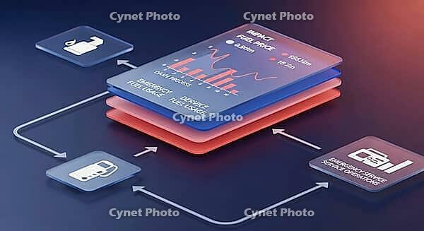 Stacked digital cards depicting fuel impact data with icons and flowchart arrows, AI generated [IBR124494073]