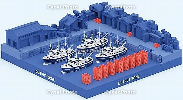 3D model of a dock with fishing boats and stacked containers in a blue color scheme, AI generated [IBR124494075]