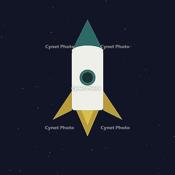 A clean flat design illustration of a white rocket launching upward against a dark navy starfield background. The rocket features a teal pointed nose cone, a circular porthole window with a teal ring, gold swept-back fins and a bright gold flame bursting  [IBR124494077]