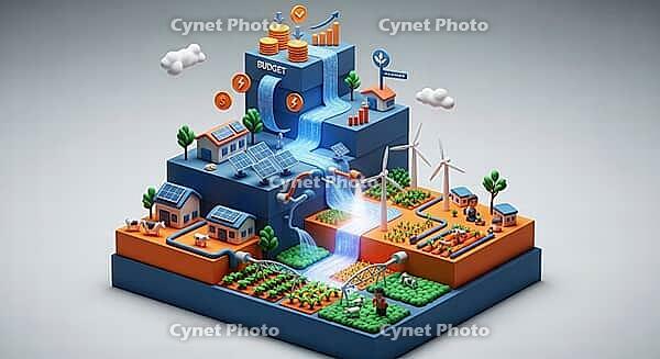 A 3D illustration showing budget distribution from urban to rural, highlighting renewable energy and agriculture, AI generated [IBR124494078]