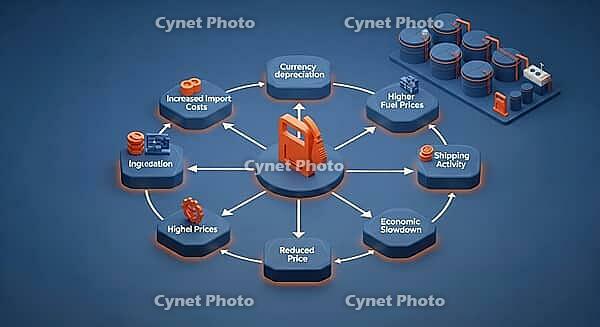 Circular diagram illustrating the cycle of economic factors affecting fuel prices and supply chain dynamics, AI generated [IBR124494080]