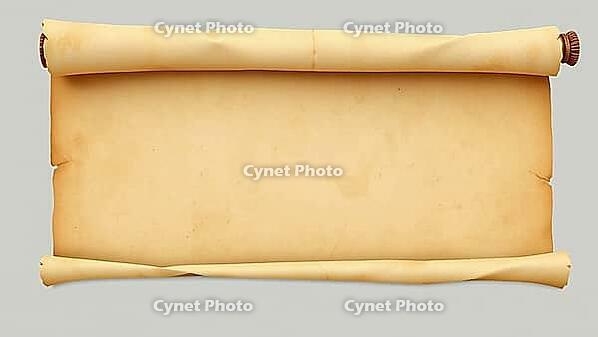 Blank old parchment with wooden scrolls at the ends on gray background, illustration of old parchment paper, for antique backgrounds or banners, vintage stationery, AI generated [IBR124494084]