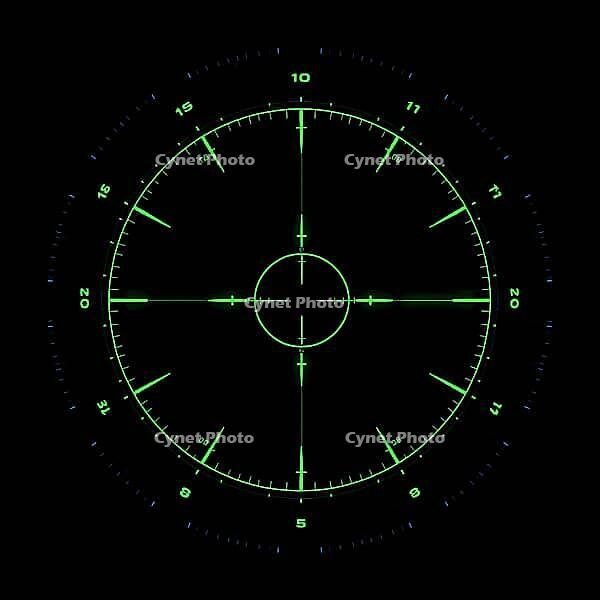 A high-tech futuristic military targeting scope display with a neon green glowing crosshair reticle on a deep black background. Features concentric scanning rings with degree markings, precision tick marks and a central target circle, creating an authenti [IBR124494088]