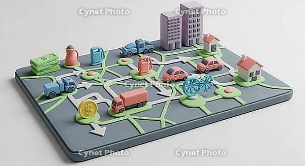 3D model of a city layout with roads, vehicles, and buildings in pastel colors, AI generated [IBR124494089]