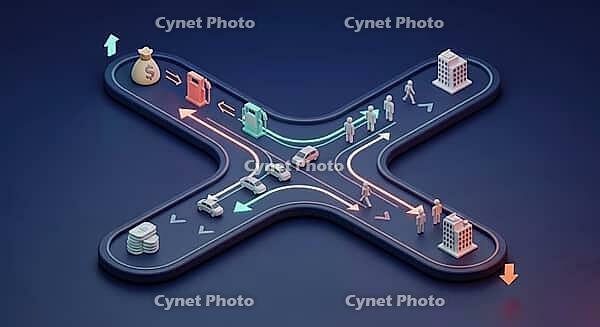 Intersection model illustrating financial flow with arrows, currency symbols, and buildings, AI generated [IBR124494092]