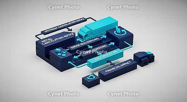 Depicts effects of upstream cancellation on logistics using block structures, AI generated [IBR124494093]