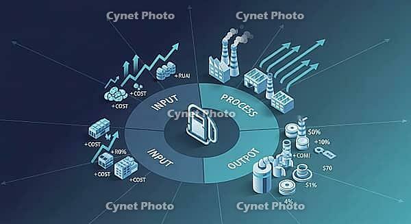 Circular diagram depicting the process cycle from input to output with various economic factors, AI generated [IBR124494096]