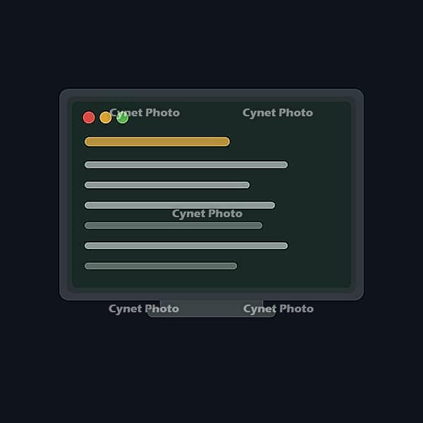 A clean flat design illustration of a dark laptop computer displaying a code editor or terminal window on a dark teal-green screen. Three macOS-style traffic light buttons in red, orange and green appear in the top-left corner, with a gold highlighted tit [IBR124494097]