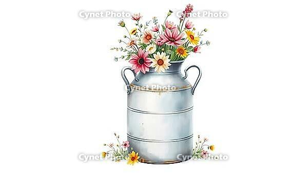 An old milk jug with a variety of colorful wild flowers, nostalgic watercolor painting with pastel flowers on a white background, in rustic style, AI generated [IBR124494100]