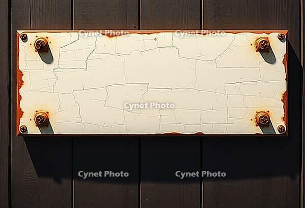 A photorealistic close-up of a blank vintage metal wall plaque mounted on a dark wooden wall. The horizontal rectangular plaque features a cream off-white matte paint surface with heavy craquelé cracking and chipping at the edges, revealing rusty orange-b [IBR124494101]