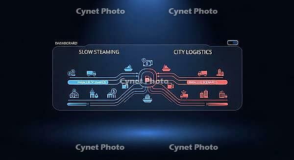 Digital dashboard illustrating logistics with a focus on slow steaming and city logistics, AI generated [IBR124494104]