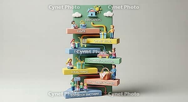 3D infographic detailing a staycation concept with layers for online retail, local travel, and leisure activities, AI generated [IBR124494105]