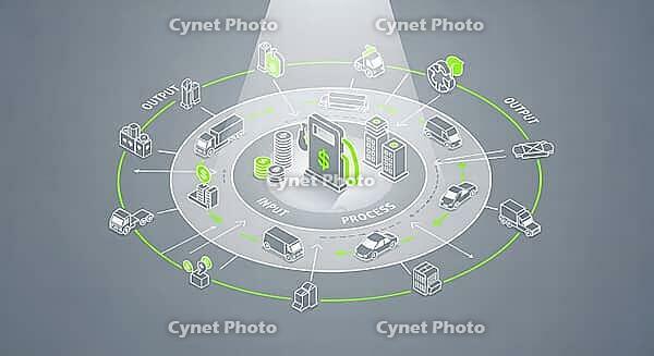 Circular process diagram illustrating input and output in transportation and economy sectors, AI generated [IBR124494107]