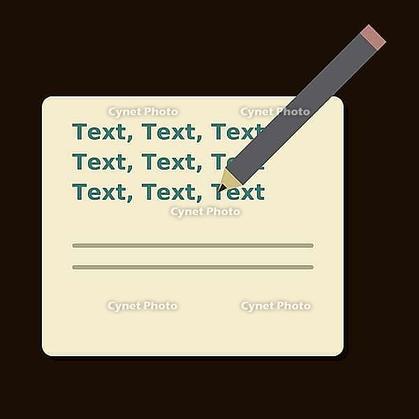 A clean flat design illustration of a cream-colored notepad with teal placeholder text lines and two ruled lines below, on a dark espresso background. A diagonal gray pencil with a wooden tip rests across the notepad, symbolizing writing, content creation [IBR124494108]