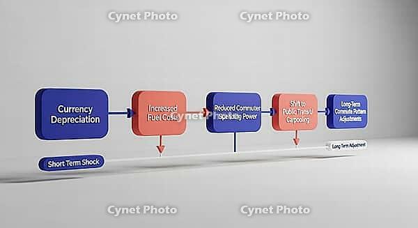 Flowchart illustrating economic impacts from currency depreciation to long-term adjustments, AI generated [IBR124494110]