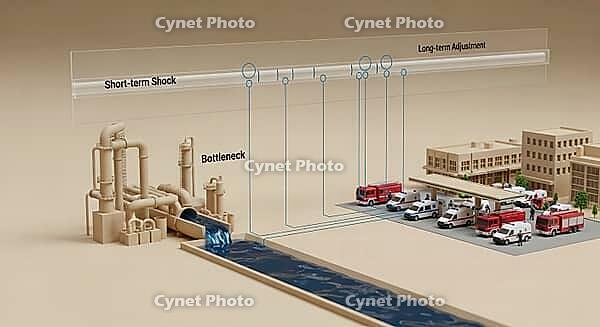 Miniature supply chain model showing bottleneck and long-term adjustment with a factory and emergency vehicles, AI generated [IBR124494111]