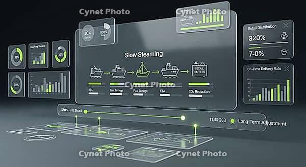 Dashboard with graphics on slow steaming, economic impact, and adjustments using green accents, AI generated [IBR124494113]