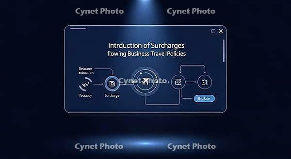 Futuristic flowchart depicting surcharges in business travel policies with glowing airplane icon, AI generated [IBR124494116]