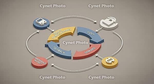 Cycle diagram showing relationships between demand, cost, and feedback, AI generated [IBR124494117]