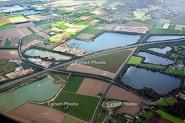 Dredging lakes on the A57 motorway, aerial view, Kaarst, North Rhine-Westphalia, Germany [IBR124494817]