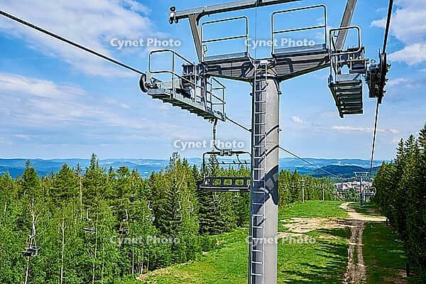 Open cable car line. Metal cable and moving rollers on platform for funicular mechanism, close up. Karpacz resort in Poland with lift road [IBR124497427]