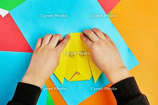 Boy hands making origami dog with colorful paper sheets, Child creative education [IBR124497444]
