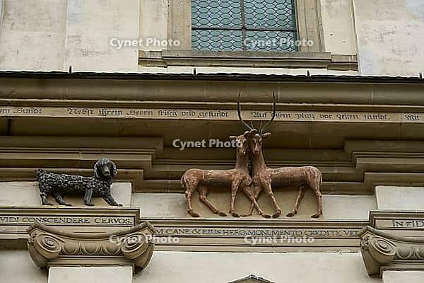 Animal figures on the outer façade of the monastery church, monastery, abbot, Benedict Knittel, Latin, verse, history, Schöntal, Cistercian monastery, Jagsttal, Jagst, Hohenlohe, Germany [IBR124508513]