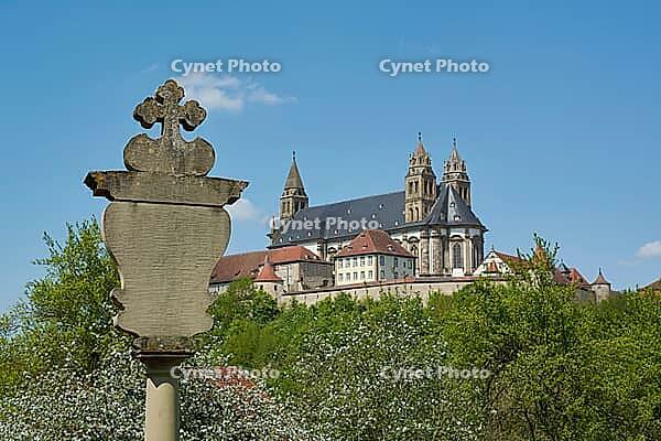 View of Comburg, Wegkreuz, Kreuz, Benedictine Monastery, Way of St. James, Pilgerweg, Pilgrims, Hohenlohe, Germany [IBR124508555]