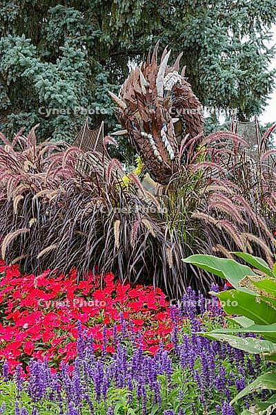 Colourful flower and plant arrangement with a dragon sculpture, Westwood Park, Dorval, Province of Quebec, Canada [IBR124525372]
