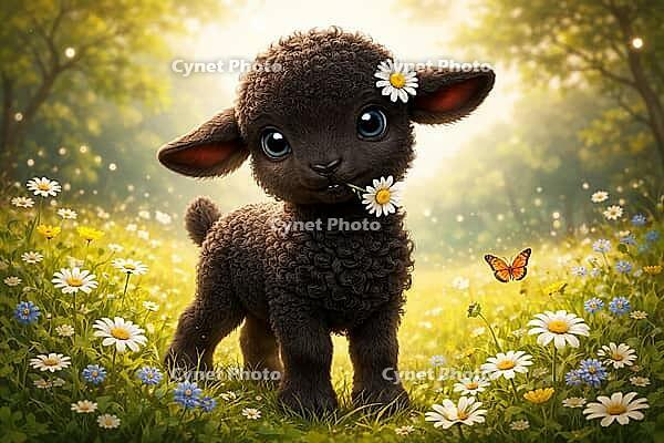 A playful lamb with daisies in its mouth stands on a sunny flower meadow, a butterfly nearby, watercolor black sheep, AI generated [IBR124550722]