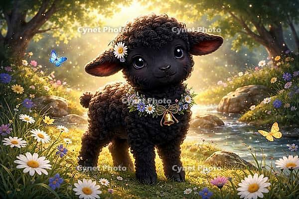 A joyful looking lamb with a wreath of bells stands in a flower meadow under trees with butterflies, watercolor black sheep, AI generated [IBR124550723]
