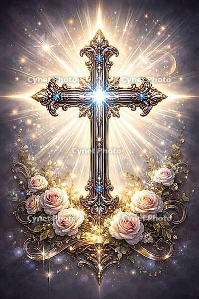 Shiny cross with pastel flowers and magical light effects, Christian symbol for cards, for religious festivals, such as baptism, communion, confirmation, Easter, confirmation or for mourning cards, AI generated [IBR124550724]