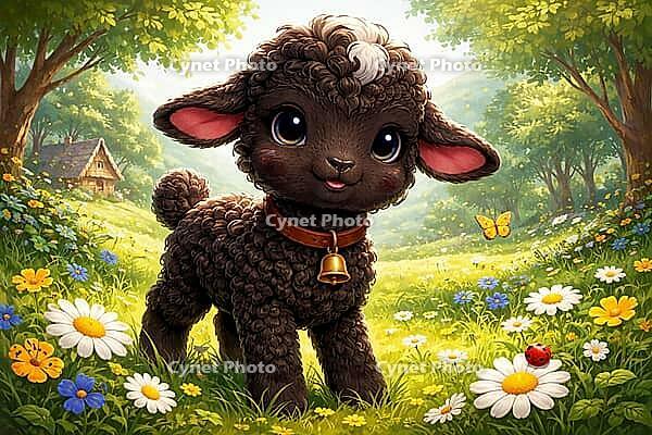 A smiling lamb with a wreath of bells stands in a blooming meadow, a house in the background, butterfly flying, watercolor black sheep, AI generated [IBR124550725]