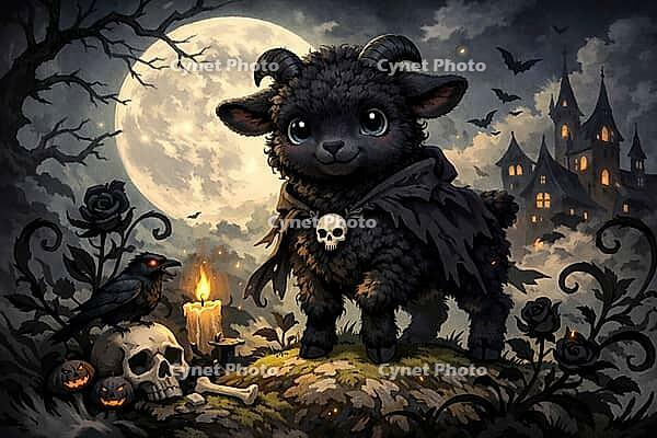 A black lamb with a skull cape stands next to a candle and a skull in front of a full moon and haunted house, Halloween, watercolor black sheep, AI generated [IBR124550727]
