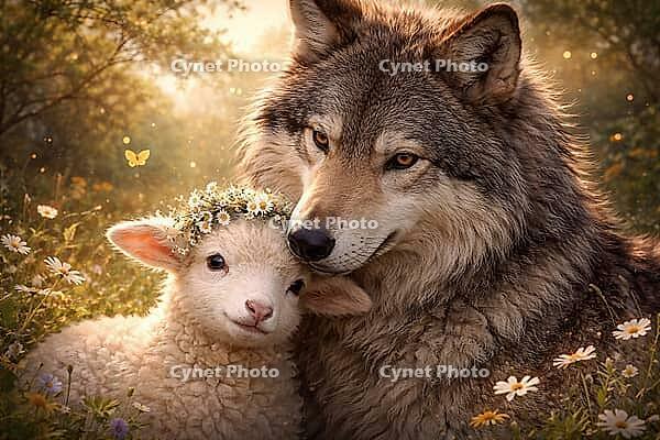A wolf and a lamb lie peacefully together on a flower-decorated meadow in the evening light, wolf and lamb, illustration, AI generated [IBR124550729]