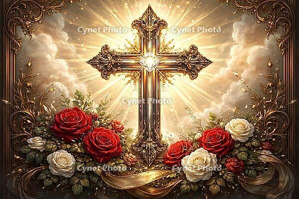 Magnificent cross with golden glow surrounded by red and white roses, Christian symbol for cards, for religious festivals, such as baptism, communion, confirmation, Easter, confirmation or for funeral cards, AI generated [IBR124550732]