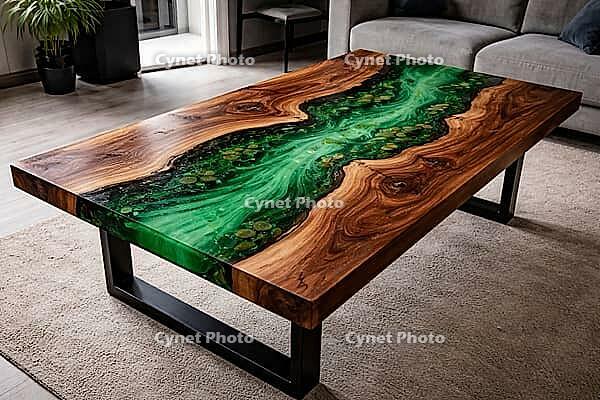 Wood table with green epoxy resin flow design and simple finish, DIY, hobby epoxy resin casting, colorful table made of resin, AI generated [IBR124550733]