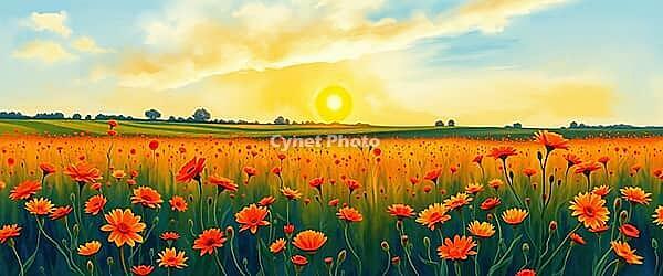Flower field in orange tones at sunset, extensive meadow, romantic watercolor illustration, flower meadow at sunset or sunrise, with open text as background, AI generated [IBR124550735]