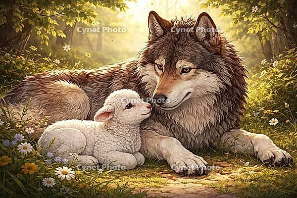 A wolf and a lamb lie happily together on a sunny flower meadow, wolf and lamb, illustration, AI generated [IBR124550736]