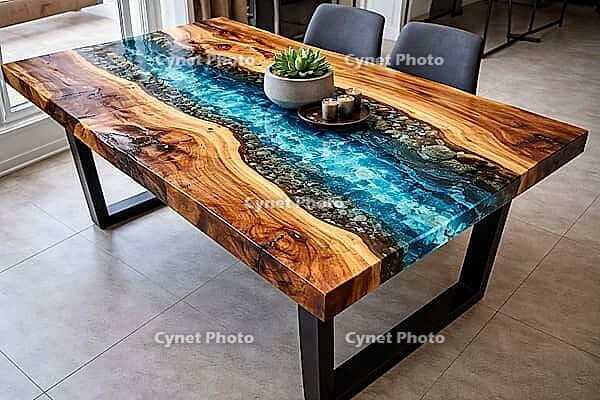 Dining table with blue epoxy resin flow and metal legs, decorative and stylish, DIY, hobby epoxy resin casting, colorful resin table, AI generated [IBR124550737]