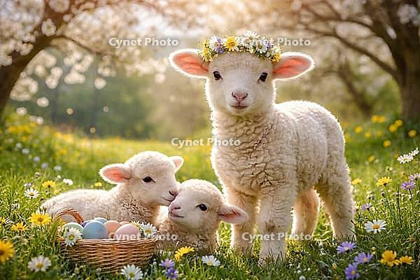 Three lambs, one with a wreath of flowers, next to an Easter egg basket on a blooming spring meadow, AI generated [IBR124550738]