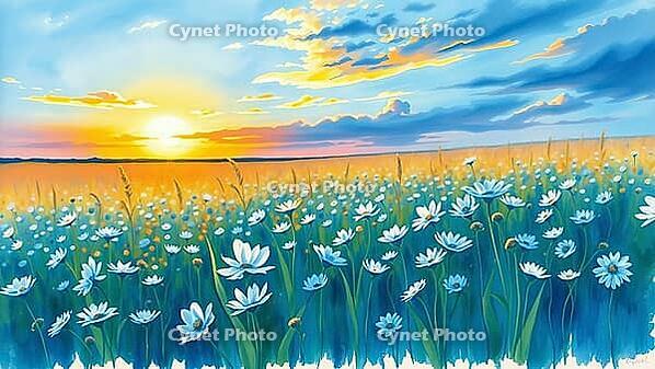 Daisies in a field at sunset, blue sky with clouds, romantic watercolor illustration, flower meadow at sunset or sunrise, with open text as background, AI generated [IBR124550739]